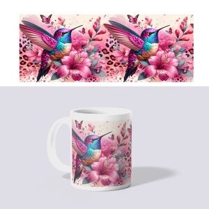 Vibrant Hummingbird Mug with Pink Floral Design